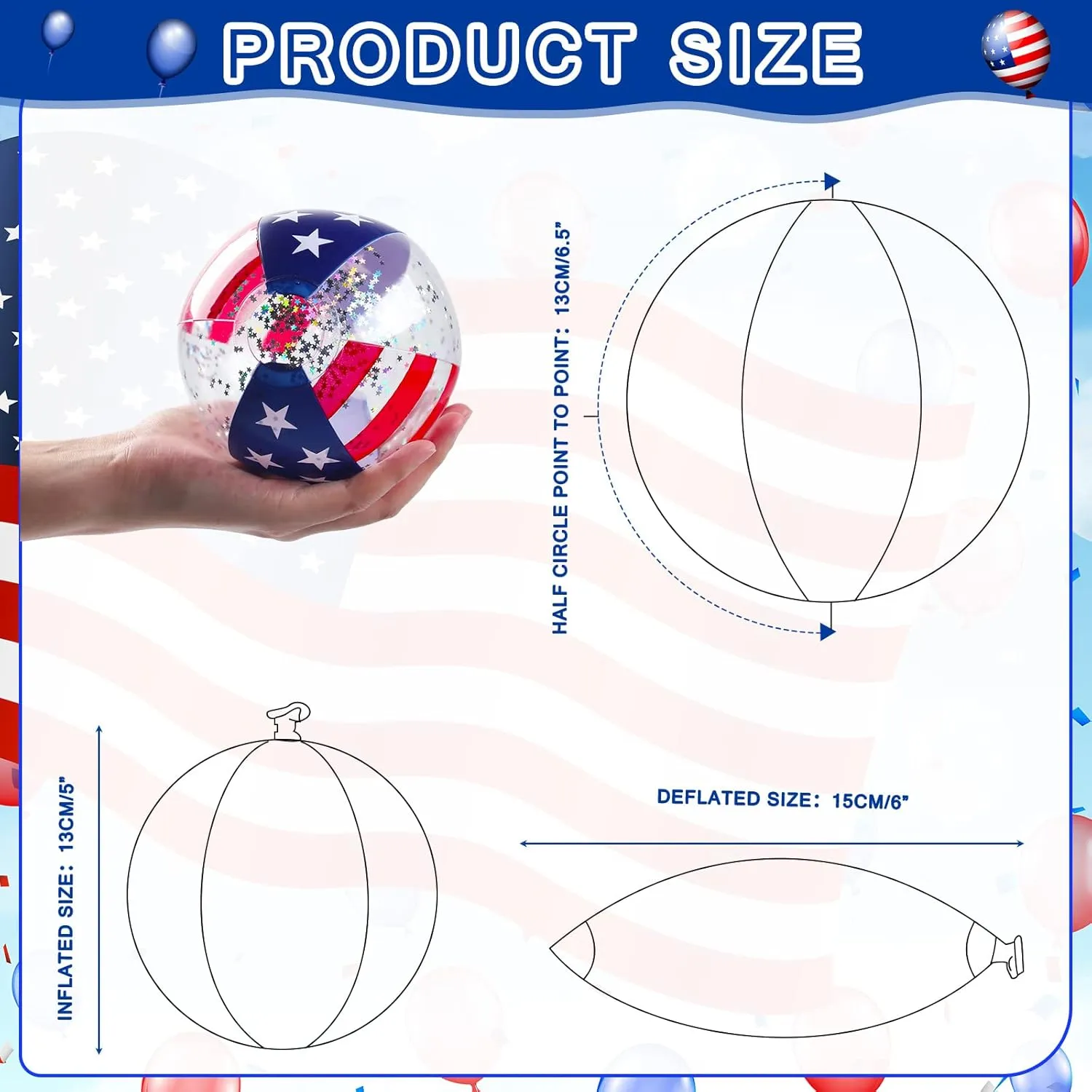 Jexine American Flag Inflatable Pool Beach Balls 4 to 5 Inch Usa Flag Patriotic Beach Balls Pool Float Filled with Sparkle Stars Confetti for Independence Day Swimming Pool Beach Party Toys (25 Pcs)