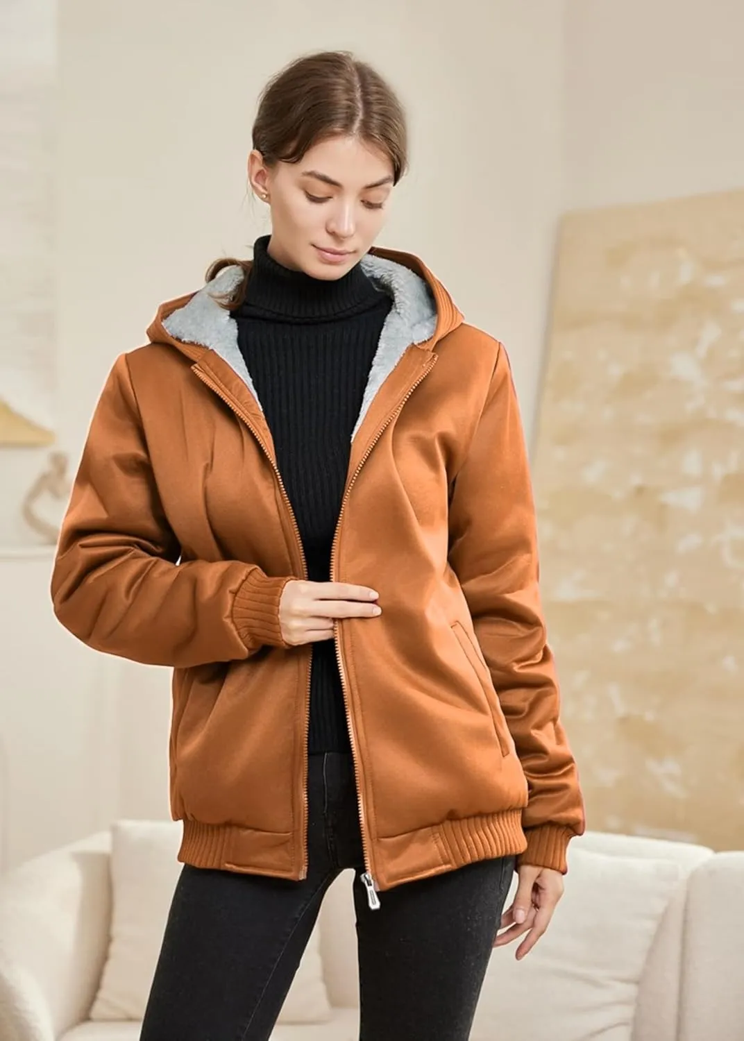 JiangWu Womens Fashion Fleece Sherpa Lined Hooded Coat Winter Thicken Warm Jacket
