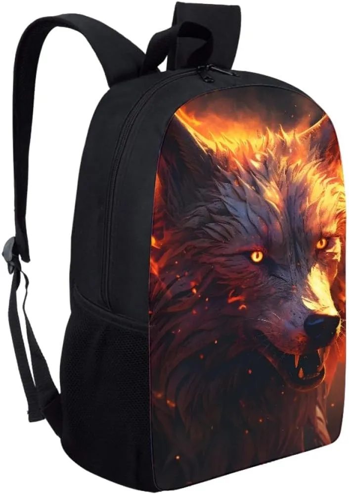 JooMeryer Boys Cool Backpack Wolf Skull Printed School Bags Bookbag Shoulder Bags Daypack for Elementary Middle School,Fire Wolf Head