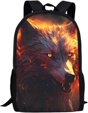 JooMeryer Boys Cool Backpack Wolf Skull Printed School Bags Bookbag Shoulder Bags Daypack for Elementary Middle School,Fire Wolf Head