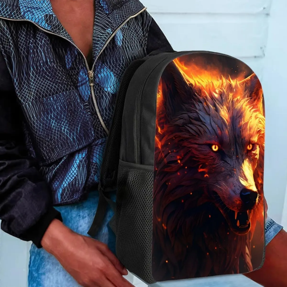 JooMeryer Boys Cool Backpack Wolf Skull Printed School Bags Bookbag Shoulder Bags Daypack for Elementary Middle School,Fire Wolf Head