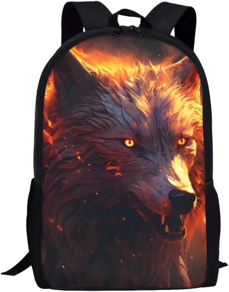 JooMeryer Boys Cool Backpack Wolf Skull Printed School Bags Bookbag Shoulder Bags Daypack for Elementary Middle School,Fire Wolf Head
