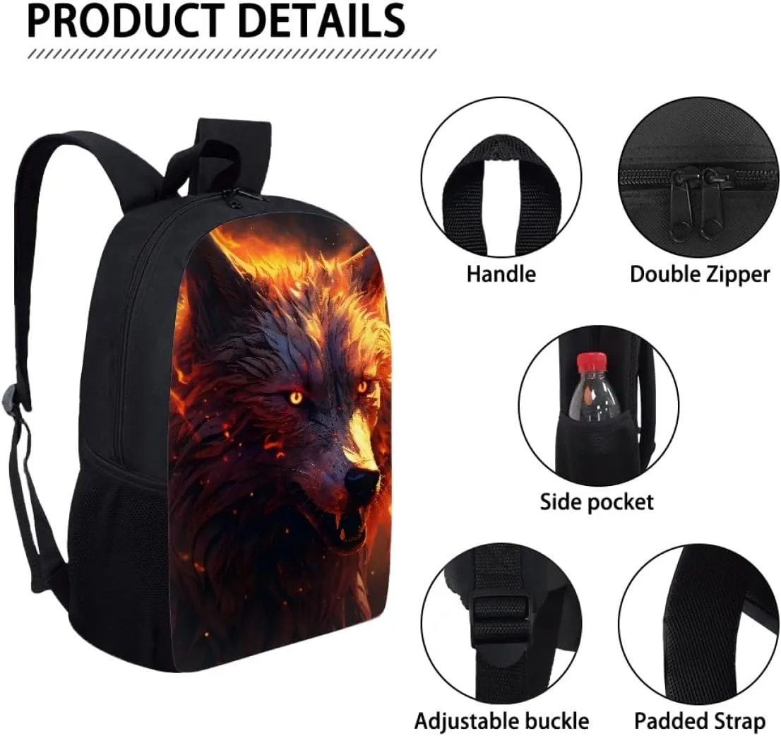 JooMeryer Boys Cool Backpack Wolf Skull Printed School Bags Bookbag Shoulder Bags Daypack for Elementary Middle School,Fire Wolf Head