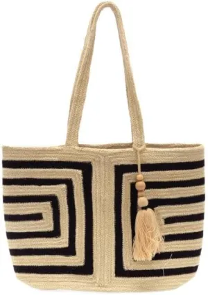 Joy Susan Women's Fashion Purse Savannah Geo Striped With Wood Bead Tassel Jute Fiber Tote Hand Bag