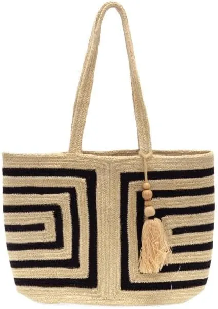 Joy Susan Women's Fashion Purse Savannah Geo Striped With Wood Bead Tassel Jute Fiber Tote Hand Bag