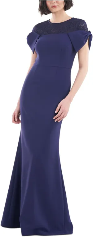 JS Collections Womens Lace Trim Knot Sleeve Evening Dress