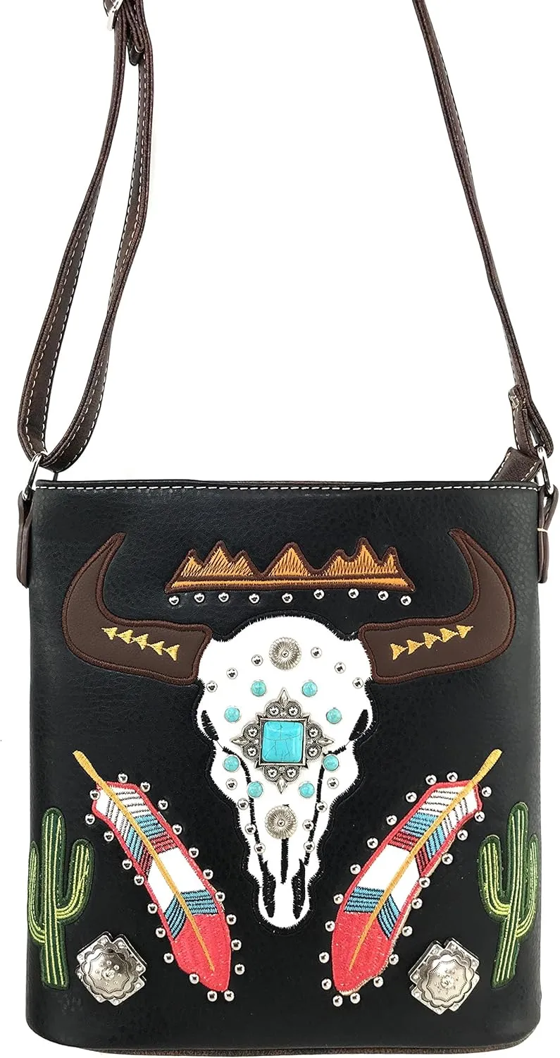 Justin West Native Longhorn Cow Skull Cactus Feather Color Conceal Carry Shoulder Handbag Purse | Trifold Wallet