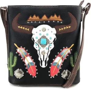 Justin West Native Longhorn Cow Skull Cactus Feather Color Conceal Carry Shoulder Handbag Purse | Trifold Wallet