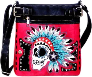 Justin West Spooky Skull Indian Headdress Embroidery Feather Conceal Carry Women Handbag Purse