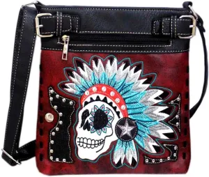 Justin West Spooky Skull Indian Headdress Embroidery Feather Conceal Carry Women Handbag Purse
