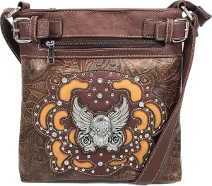 Justin West Tooled Winged Sugar Skull Roses Laser Cut Chain Shoulder Concealed Carry Handbag Purse Wallet Messenger Bag