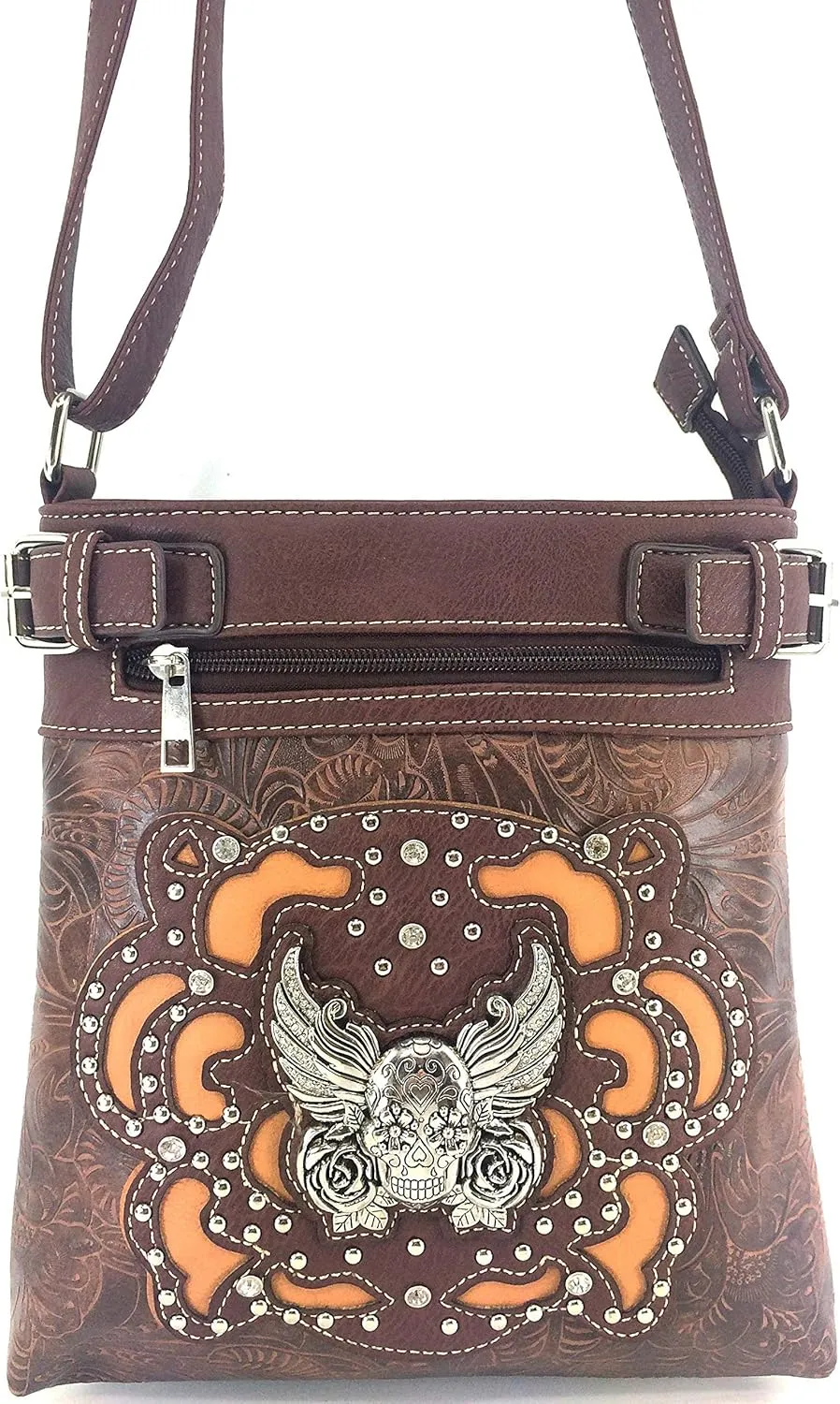 Justin West Tooled Winged Sugar Skull Roses Laser Cut Chain Shoulder Concealed Carry Handbag Purse Wallet Messenger Bag