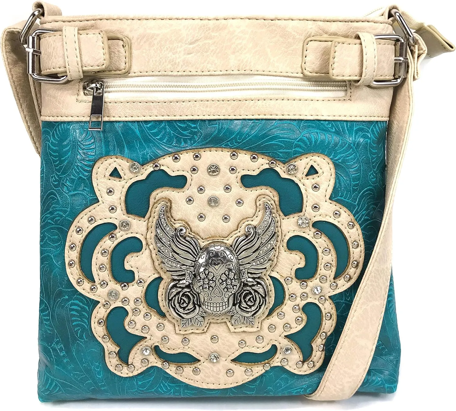 Justin West Winged Sugar Skull Roses Crossbody Messenger Purse Concealed Carry