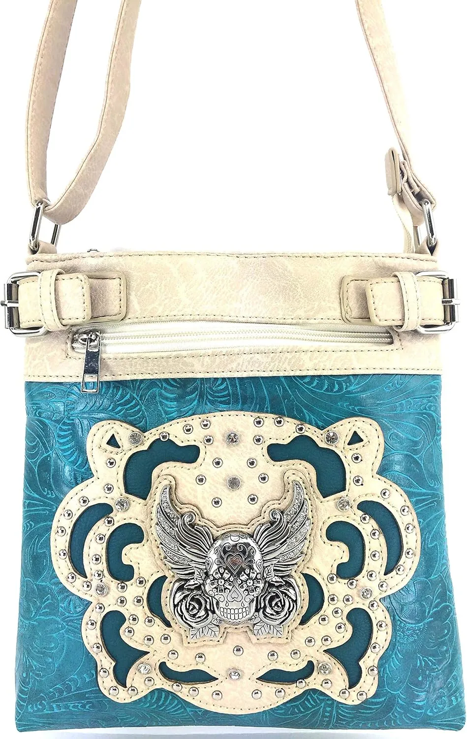 Justin West Winged Sugar Skull Roses Crossbody Messenger Purse Concealed Carry