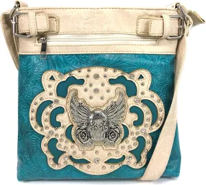 Justin West Winged Sugar Skull Roses Crossbody Messenger Purse Concealed Carry