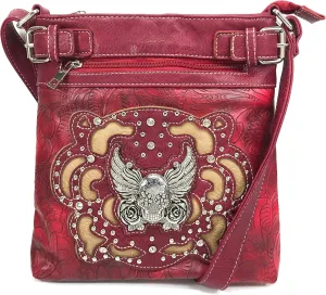 Justin West Winged Sugar Skull Roses Crossbody Messenger Purse Concealed Carry