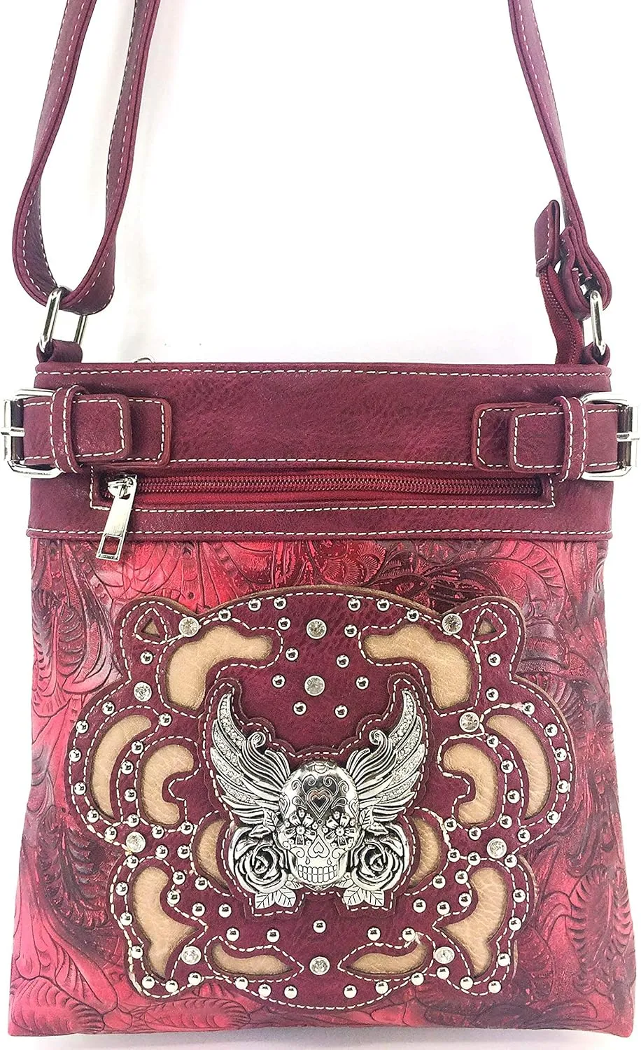 Justin West Winged Sugar Skull Roses Crossbody Messenger Purse Concealed Carry