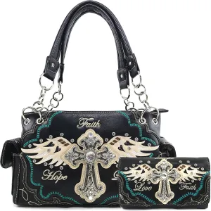 Justin West Women's Concealed Carry Angel Wings Cross Faith Hope Love Western Handbag Tote Purse
