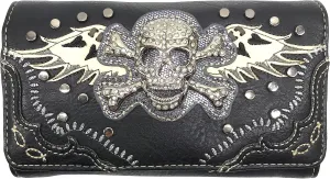 Justin West Women's Rhinestone Skull Crossbones with Angel Wings Shoulder Handbag