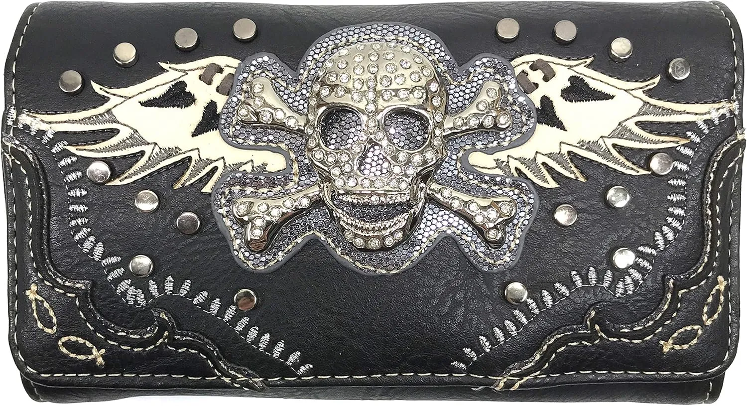 Justin West Women's Rhinestone Skull Crossbones with Angel Wings Shoulder Handbag