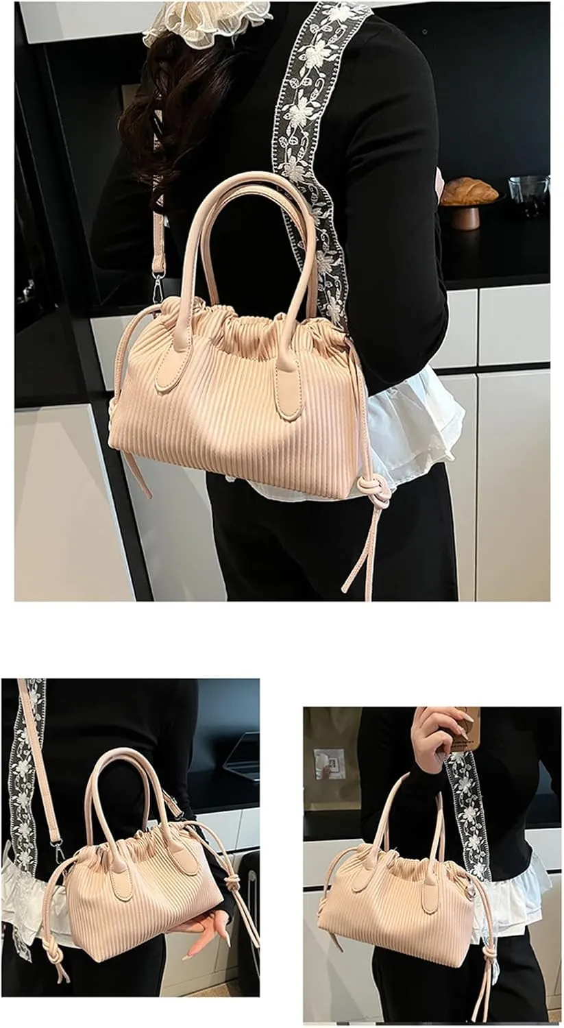 JYG Exquisite Handbag for Women Stripe Drawstring Satchel Bag Lightweight Shoulder Bag with Removable Strap