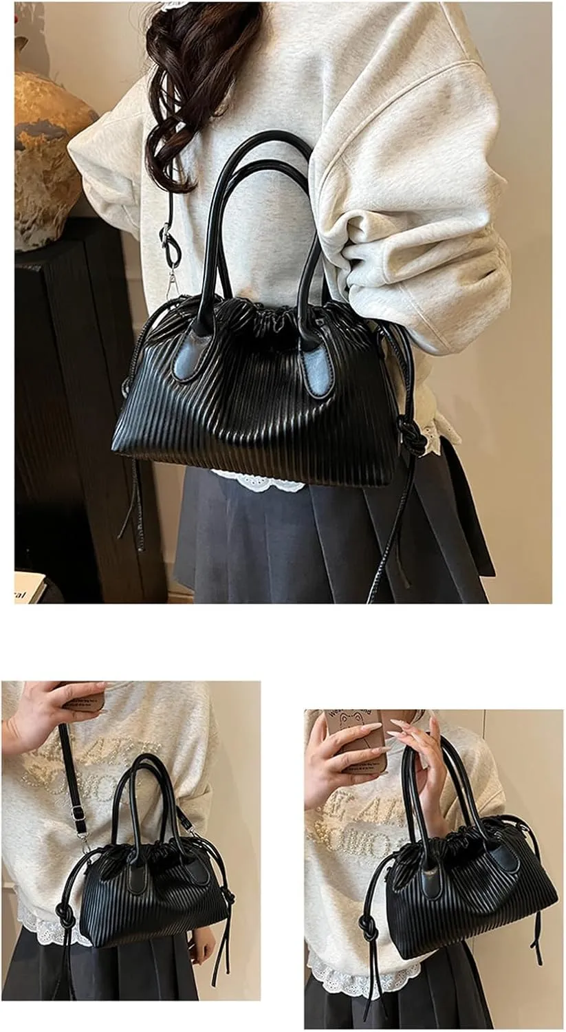 JYG Exquisite Handbag for Women Stripe Drawstring Satchel Bag Lightweight Shoulder Bag with Removable Strap