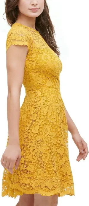 Kensie Womens Lace Cap Sleeves Cocktail Dress Gold 6