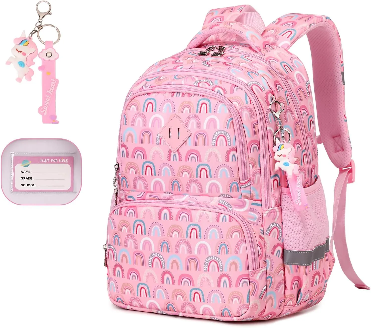 Kids Backpack, Kawaii Printed Girls Bookbags for Preschool, Lightweight School Backpack for Primary and Elementary and Kindergarten, Waterproof Teen Backpacks, Pink/Rainbow