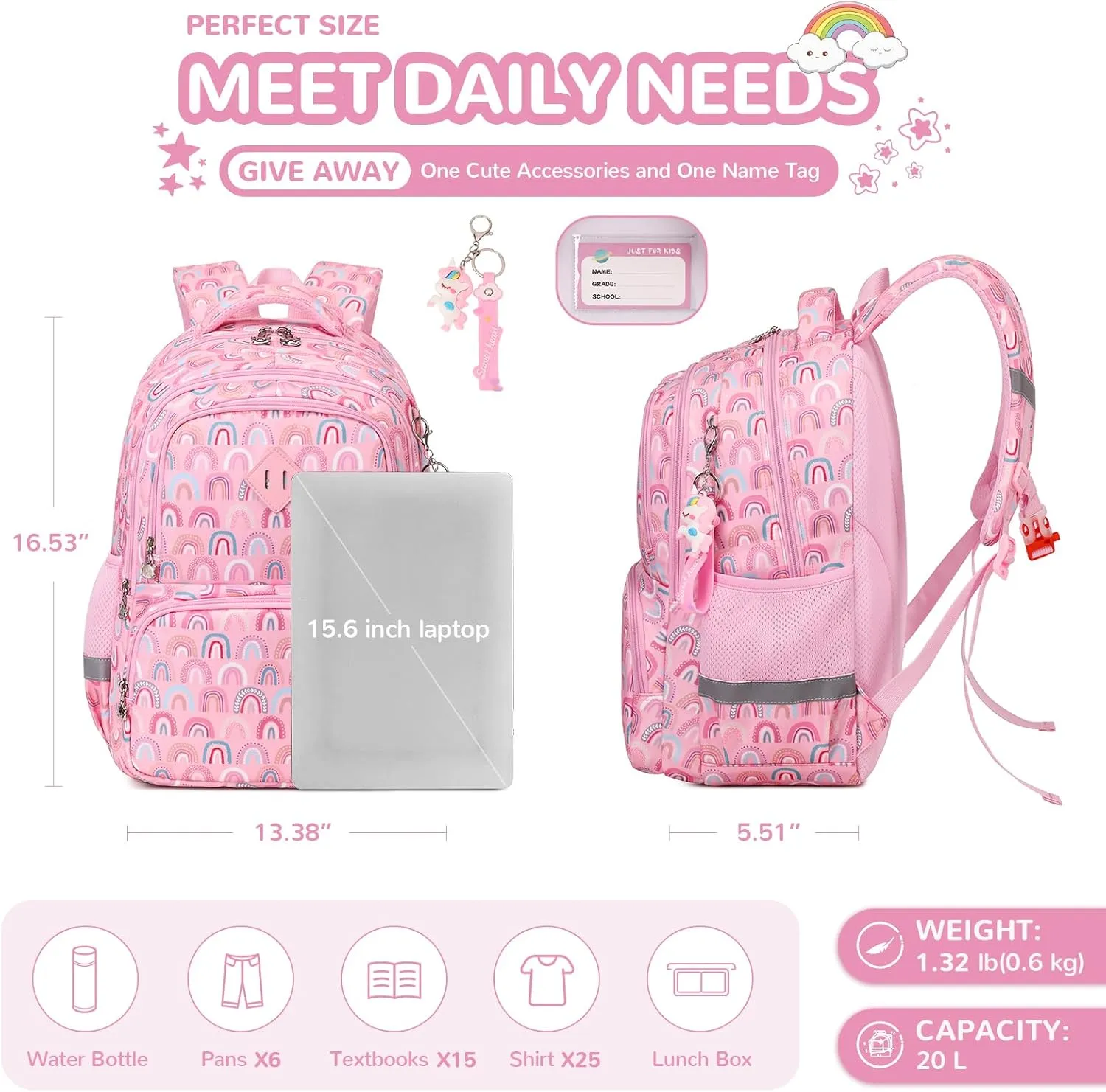 Kids Backpack, Kawaii Printed Girls Bookbags for Preschool, Lightweight School Backpack for Primary and Elementary and Kindergarten, Waterproof Teen Backpacks, Pink/Rainbow