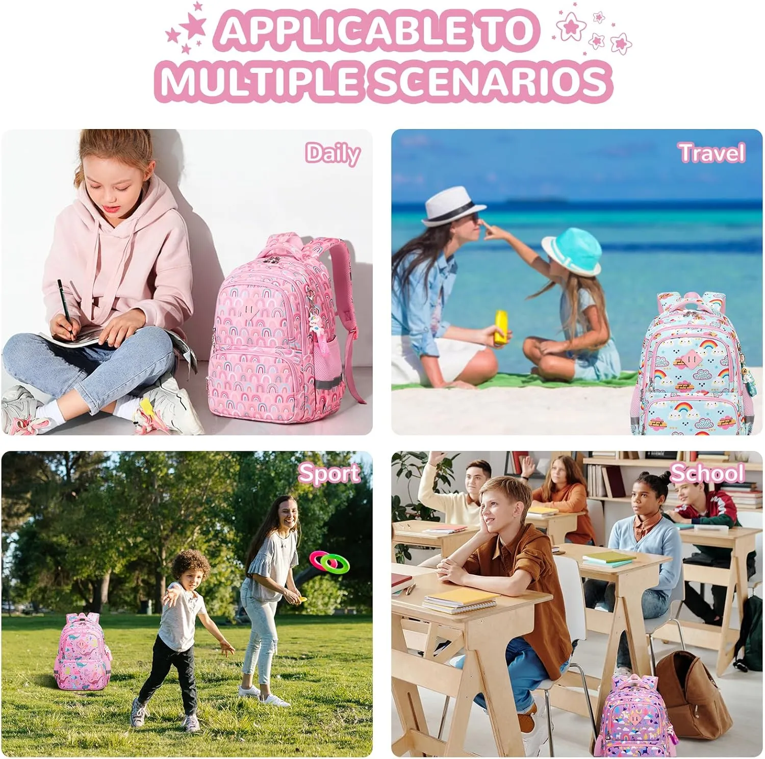 Kids Backpack, Kawaii Printed Girls Bookbags for Preschool, Lightweight School Backpack for Primary and Elementary and Kindergarten, Waterproof Teen Backpacks, Pink/Rainbow