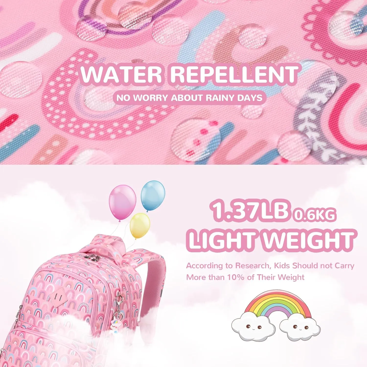Kids Backpack, Kawaii Printed Girls Bookbags for Preschool, Lightweight School Backpack for Primary and Elementary and Kindergarten, Waterproof Teen Backpacks, Pink/Rainbow