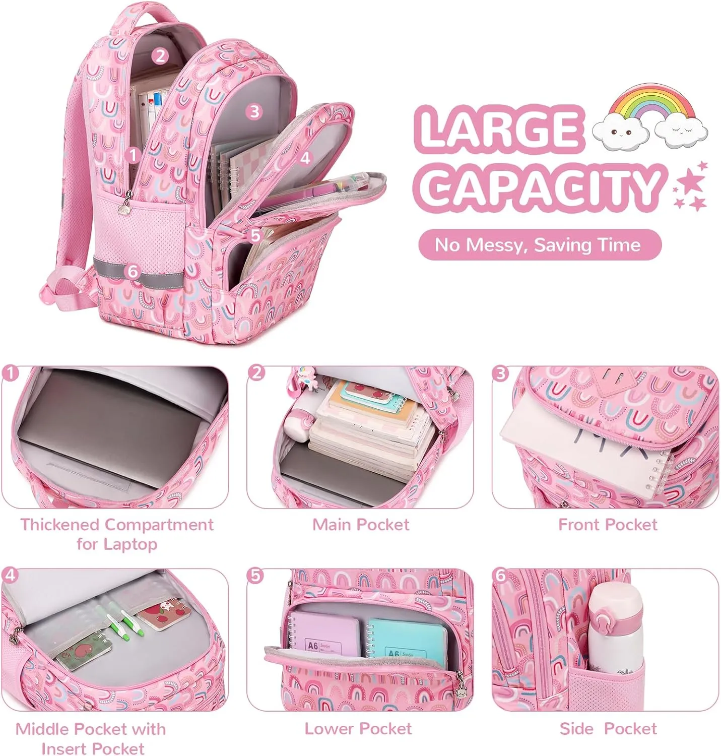 Kids Backpack, Kawaii Printed Girls Bookbags for Preschool, Lightweight School Backpack for Primary and Elementary and Kindergarten, Waterproof Teen Backpacks, Pink/Rainbow