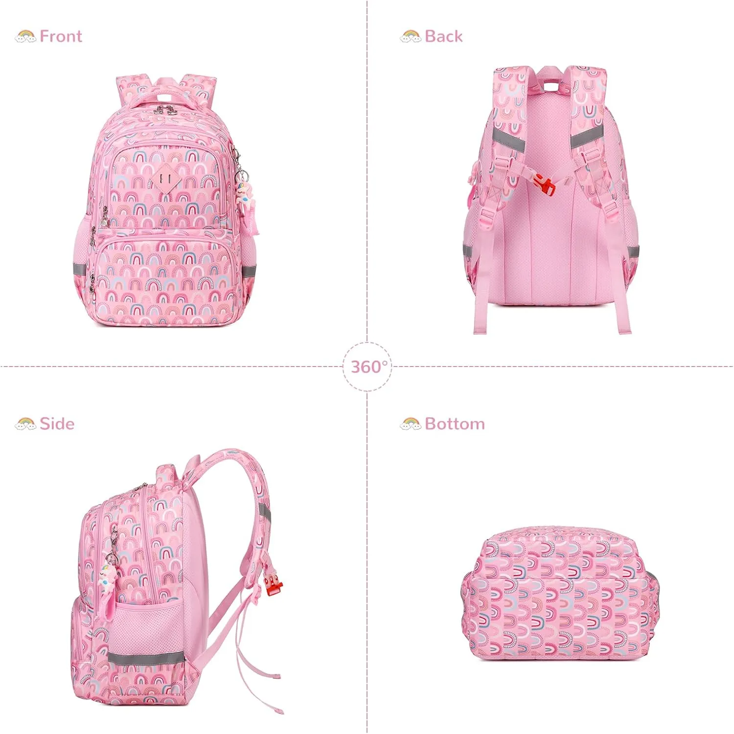 Kids Backpack, Kawaii Printed Girls Bookbags for Preschool, Lightweight School Backpack for Primary and Elementary and Kindergarten, Waterproof Teen Backpacks, Pink/Rainbow