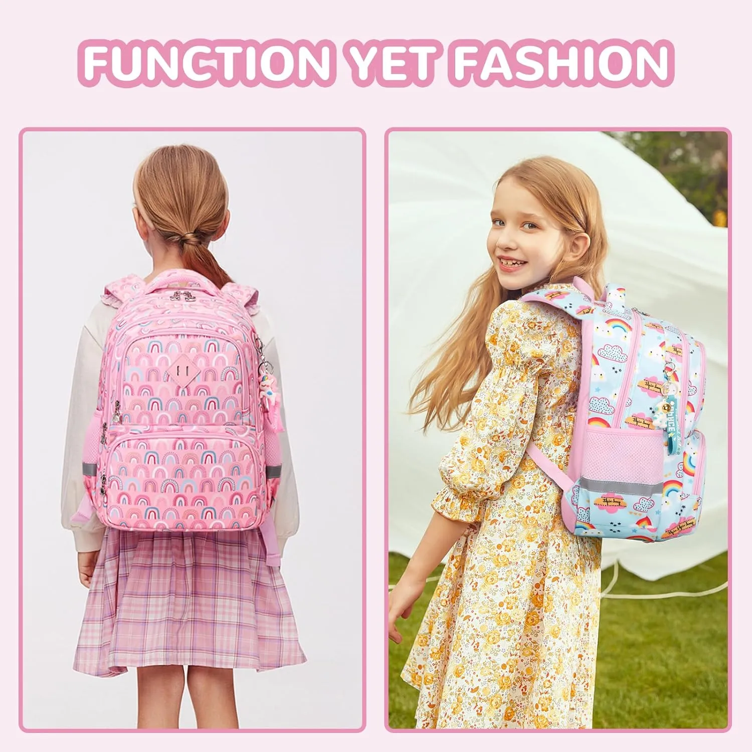 Kids Backpack, Kawaii Printed Girls Bookbags for Preschool, Lightweight School Backpack for Primary and Elementary and Kindergarten, Waterproof Teen Backpacks, Pink/Rainbow