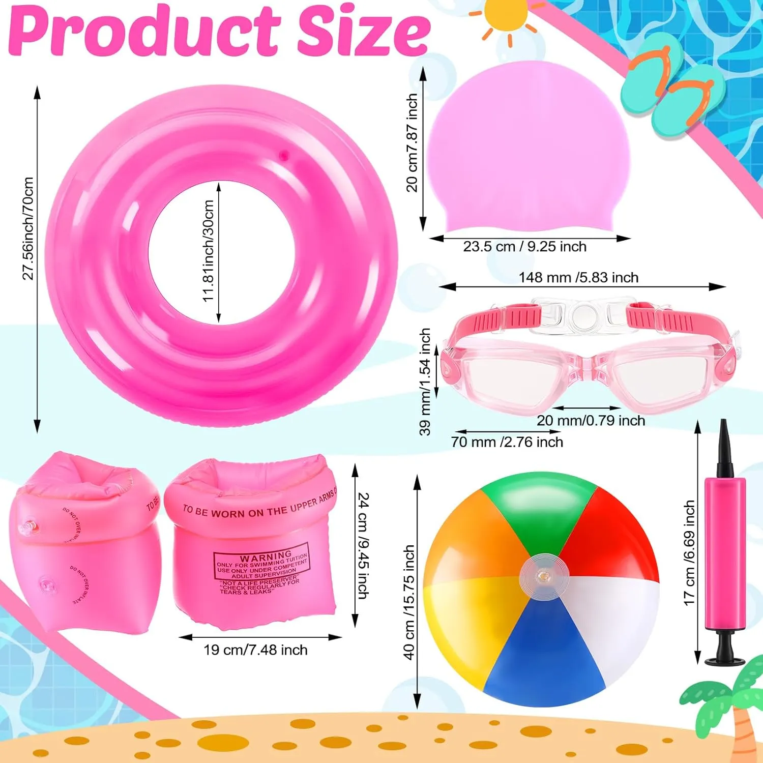 Kids Swim Tubes Rings Swim Goggles Swimming Goggles with Anti-Fog and Anti-UV Inflatable Arm Floaties Silicone Swim Tube Raft Swimming Cap Beach Ball Air Pump Pool Toys Floats