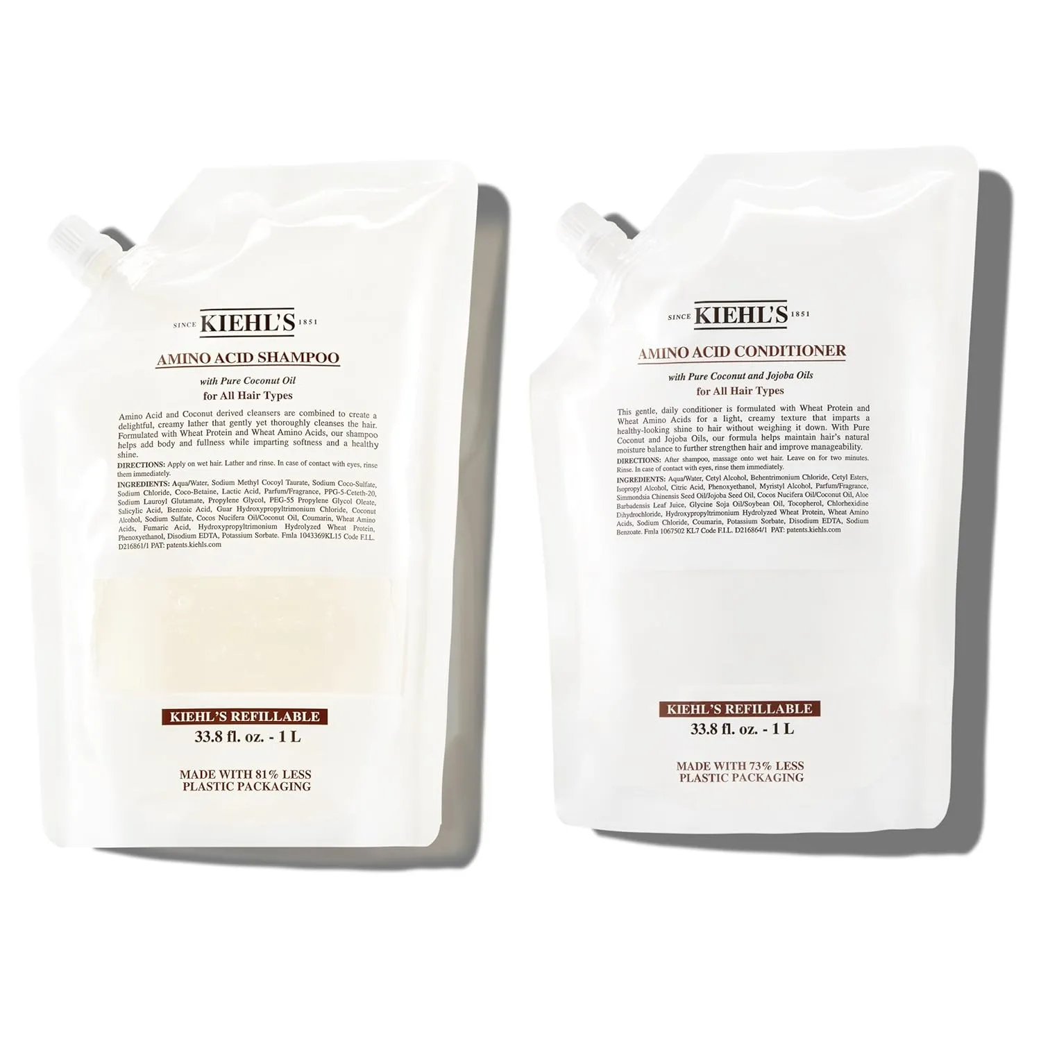 Kiehl's Amino Acid Shampoo and Conditioner Duo, with Amino Acids and Coconut Oil to Cleanse and Moisturize Hair - Refill Pouches ​