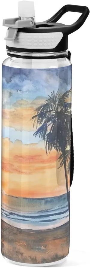 Kigai Transparent Sports Water Bottle 32oz, Palm Trees on The Beach Leakproof Wide Mouth Water Bottle with Straw, BPA Free Water Jug with Detachable Strap & Handle for Fitness Gym Outdoor