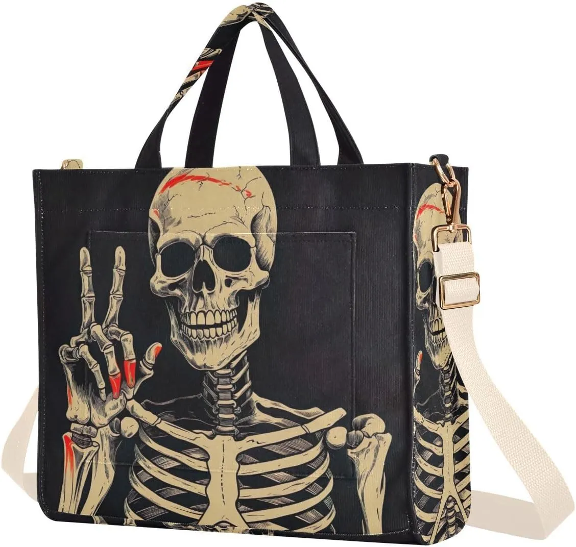 Kigai Victory Pose Skull Corduroy Tote Bag for Women Hobo Crossbody Bag Purse Stylish Shoulder Handbag Messenger Bags, S