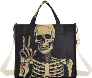 Kigai Victory Pose Skull Corduroy Tote Bag for Women Hobo Crossbody Bag Purse Stylish Shoulder Handbag Messenger Bags, S