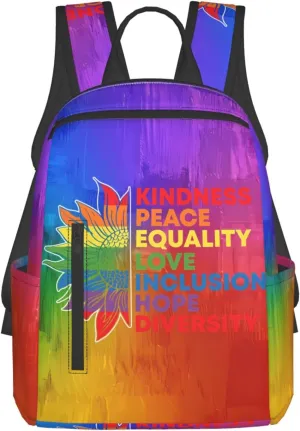 Kindness Peace Equality Love Inclusion Pride Sunflower Travel Laptop Backpack Casual Backpacks Double Shoulder Daypack Notebook Rucksack Work Bags Sports Bag for Hiking Camping Beach