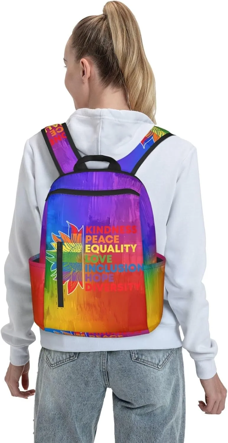 Kindness Peace Equality Love Inclusion Pride Sunflower Travel Laptop Backpack Casual Backpacks Double Shoulder Daypack Notebook Rucksack Work Bags Sports Bag for Hiking Camping Beach