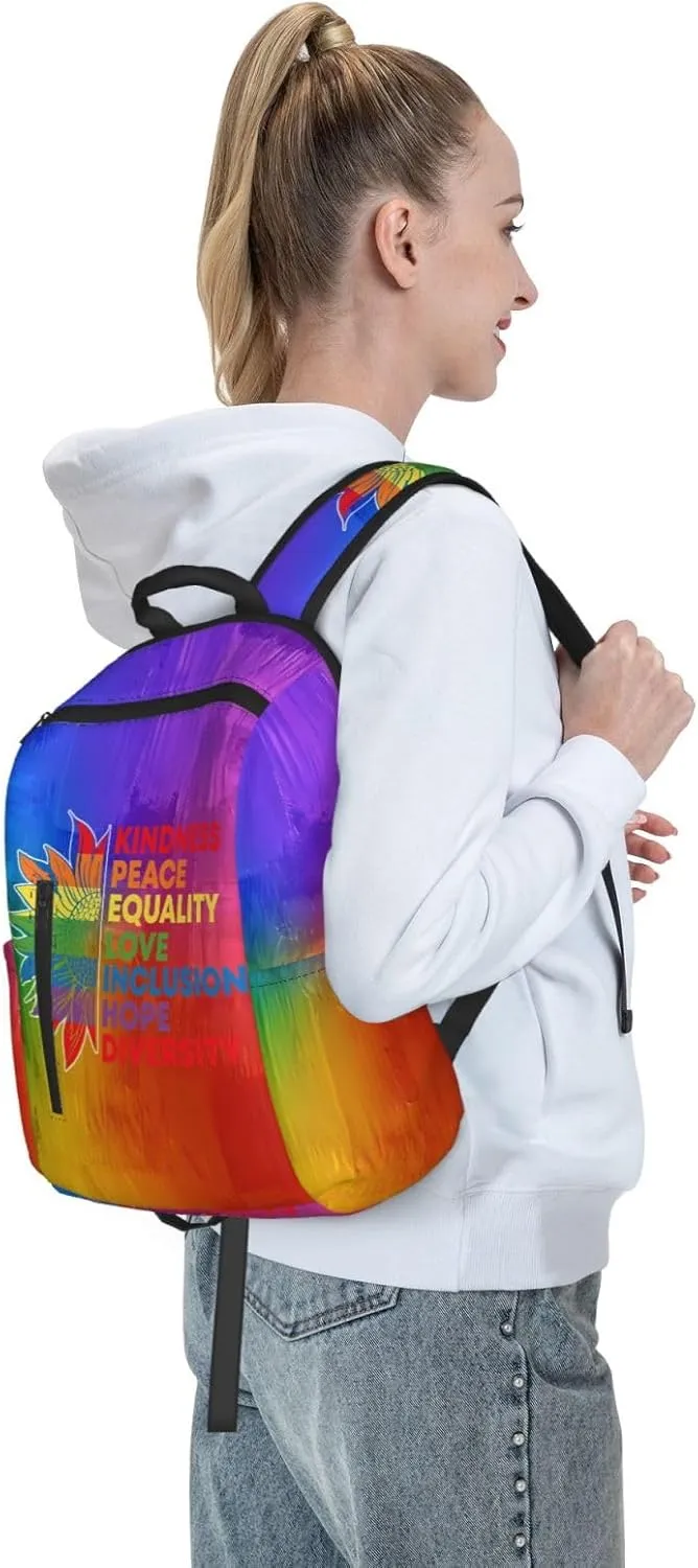 Kindness Peace Equality Love Inclusion Pride Sunflower Travel Laptop Backpack Casual Backpacks Double Shoulder Daypack Notebook Rucksack Work Bags Sports Bag for Hiking Camping Beach