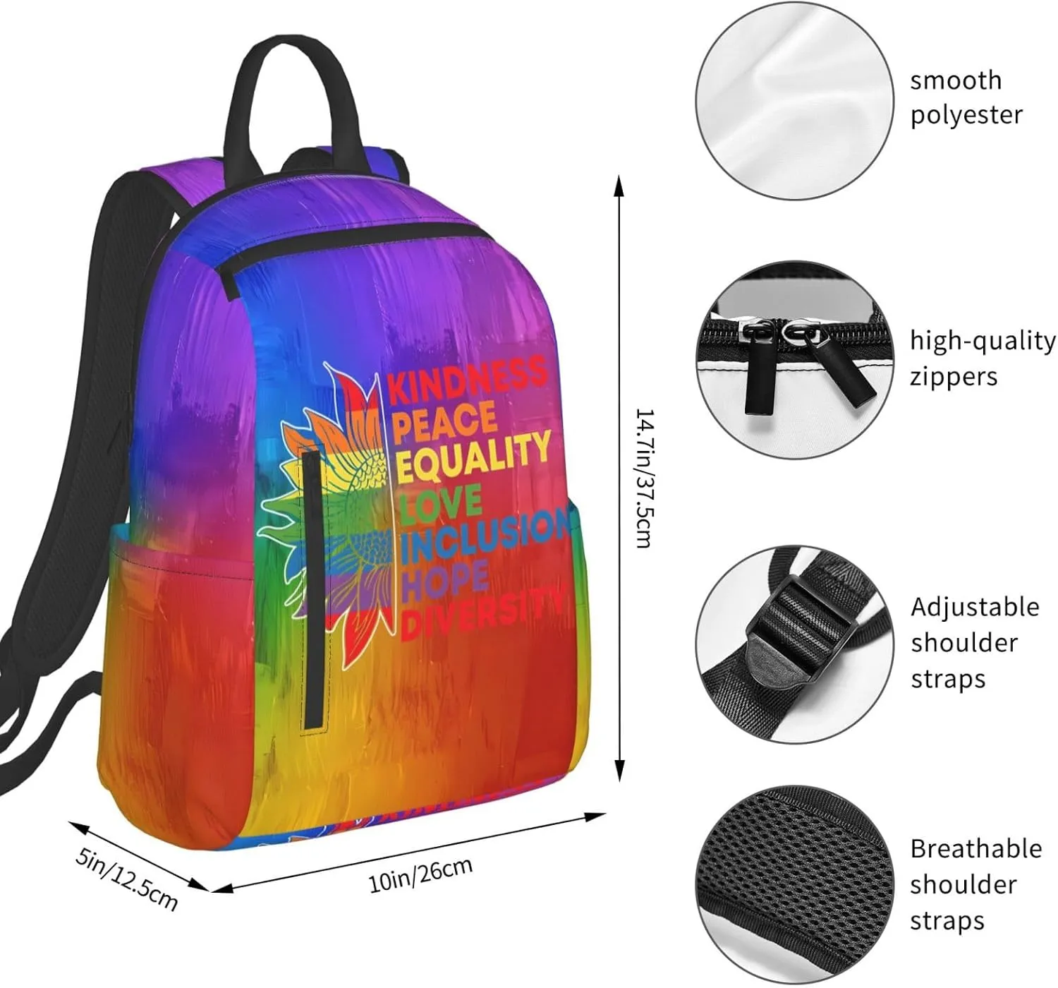 Kindness Peace Equality Love Inclusion Pride Sunflower Travel Laptop Backpack Casual Backpacks Double Shoulder Daypack Notebook Rucksack Work Bags Sports Bag for Hiking Camping Beach