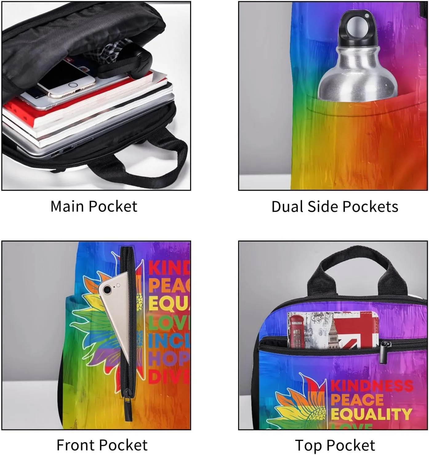 Kindness Peace Equality Love Inclusion Pride Sunflower Travel Laptop Backpack Casual Backpacks Double Shoulder Daypack Notebook Rucksack Work Bags Sports Bag for Hiking Camping Beach