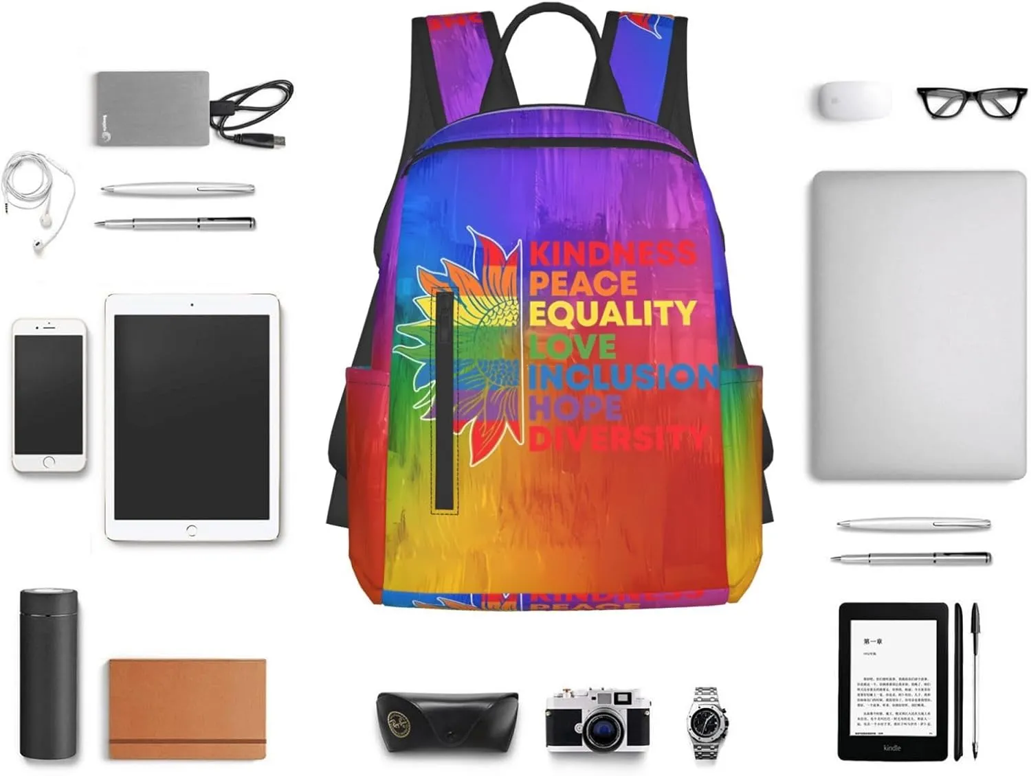 Kindness Peace Equality Love Inclusion Pride Sunflower Travel Laptop Backpack Casual Backpacks Double Shoulder Daypack Notebook Rucksack Work Bags Sports Bag for Hiking Camping Beach