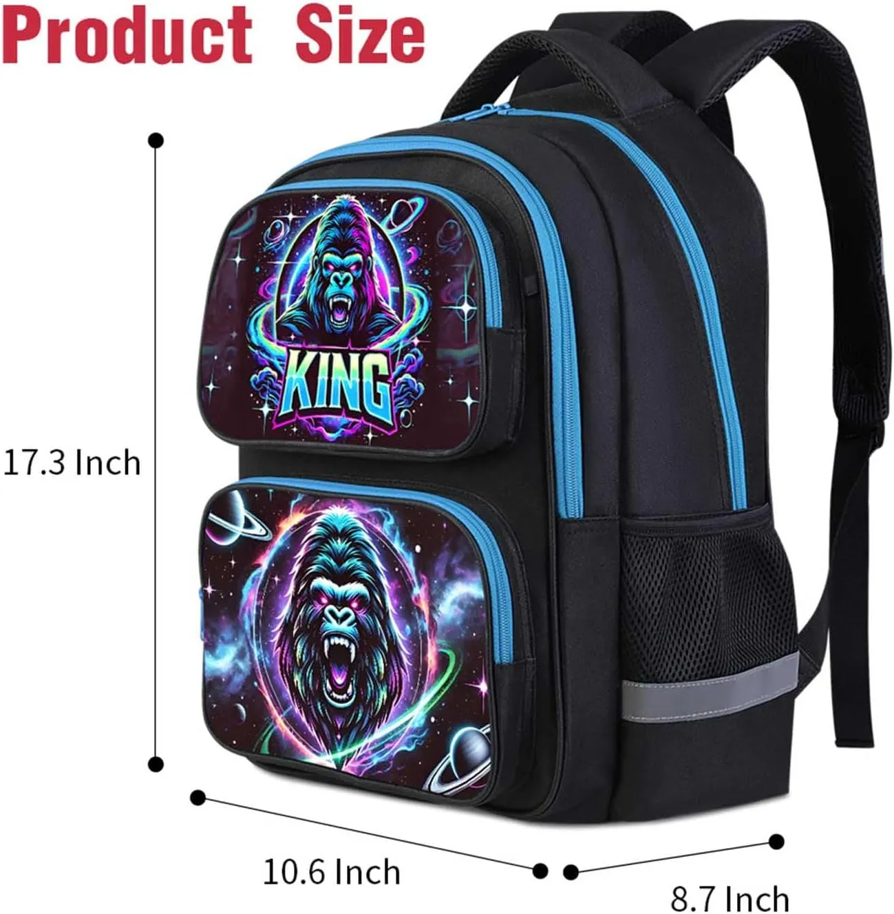 King Gorilla Animal Kids Backpack for Boys and Girls, Lighweight Large Capacity Bookbag, Adjustable Straps School Bag for Back to School & Travel, 17" Student Back Pack for Children Age 6-18