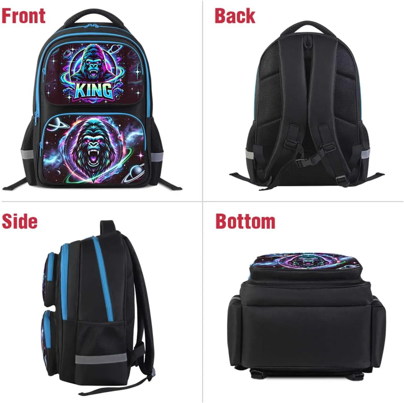 King Gorilla Animal Kids Backpack for Boys and Girls, Lighweight Large Capacity Bookbag, Adjustable Straps School Bag for Back to School & Travel, 17" Student Back Pack for Children Age 6-18