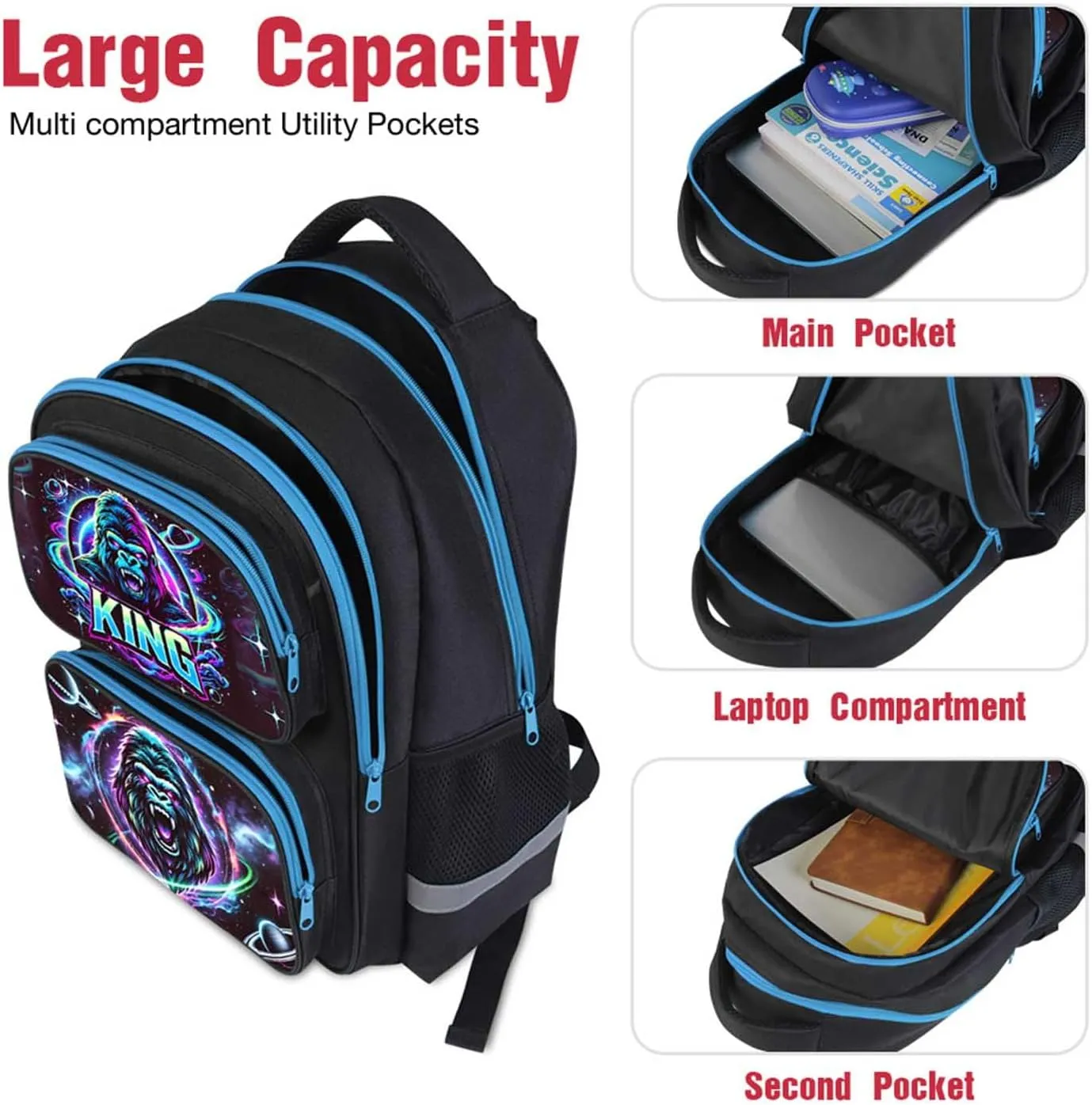 King Gorilla Animal Kids Backpack for Boys and Girls, Lighweight Large Capacity Bookbag, Adjustable Straps School Bag for Back to School & Travel, 17" Student Back Pack for Children Age 6-18