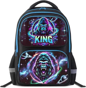King Gorilla Animal Kids Backpack for Boys and Girls, Lighweight Large Capacity Bookbag, Adjustable Straps School Bag for Back to School & Travel, 17" Student Back Pack for Children Age 6-18