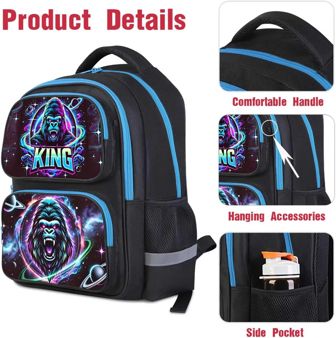 King Gorilla Animal Kids Backpack for Boys and Girls, Lighweight Large Capacity Bookbag, Adjustable Straps School Bag for Back to School & Travel, 17" Student Back Pack for Children Age 6-18